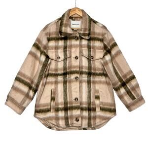 American Eagle Oversized Shacket Sz S Tan Brushed Plaid Curved Hem Lined Boho